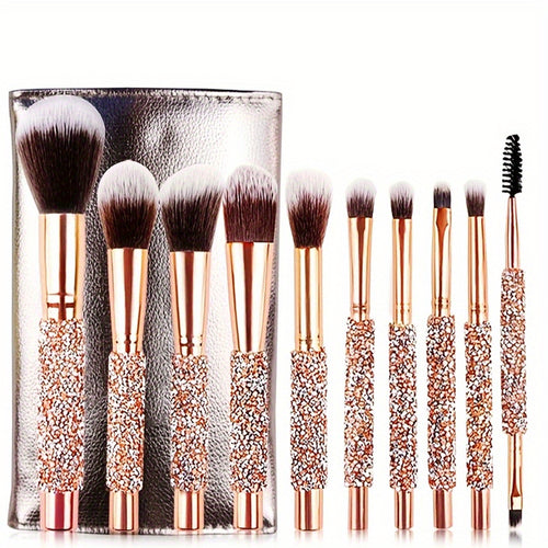10-piece makeup brush set with rose gold crystal handles and pouch