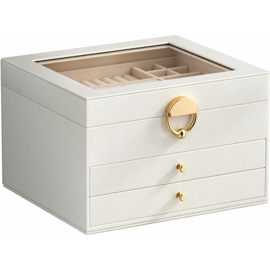 Matte white 3-tier jewelry box with compartments for rings, earrings and necklaces