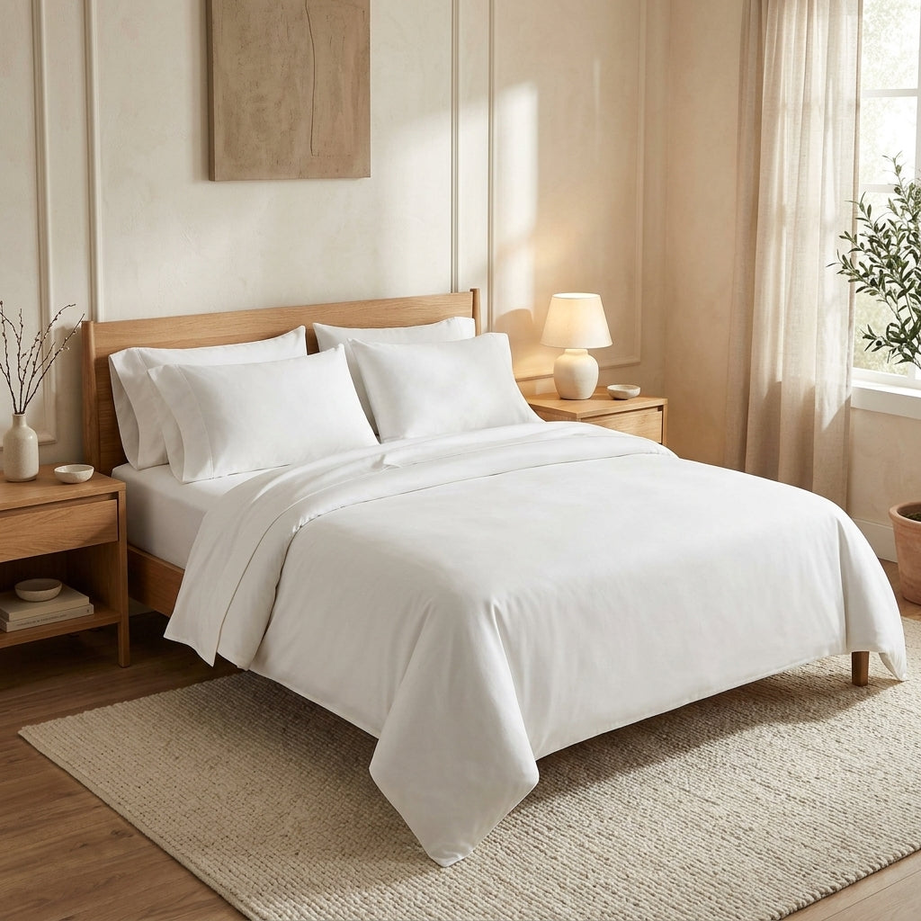 White hotel-style sheet set on a made bed