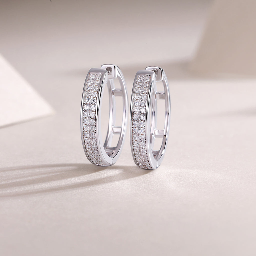 Double-row pavé moissanite hoop earrings in platinum-plated sterling silver