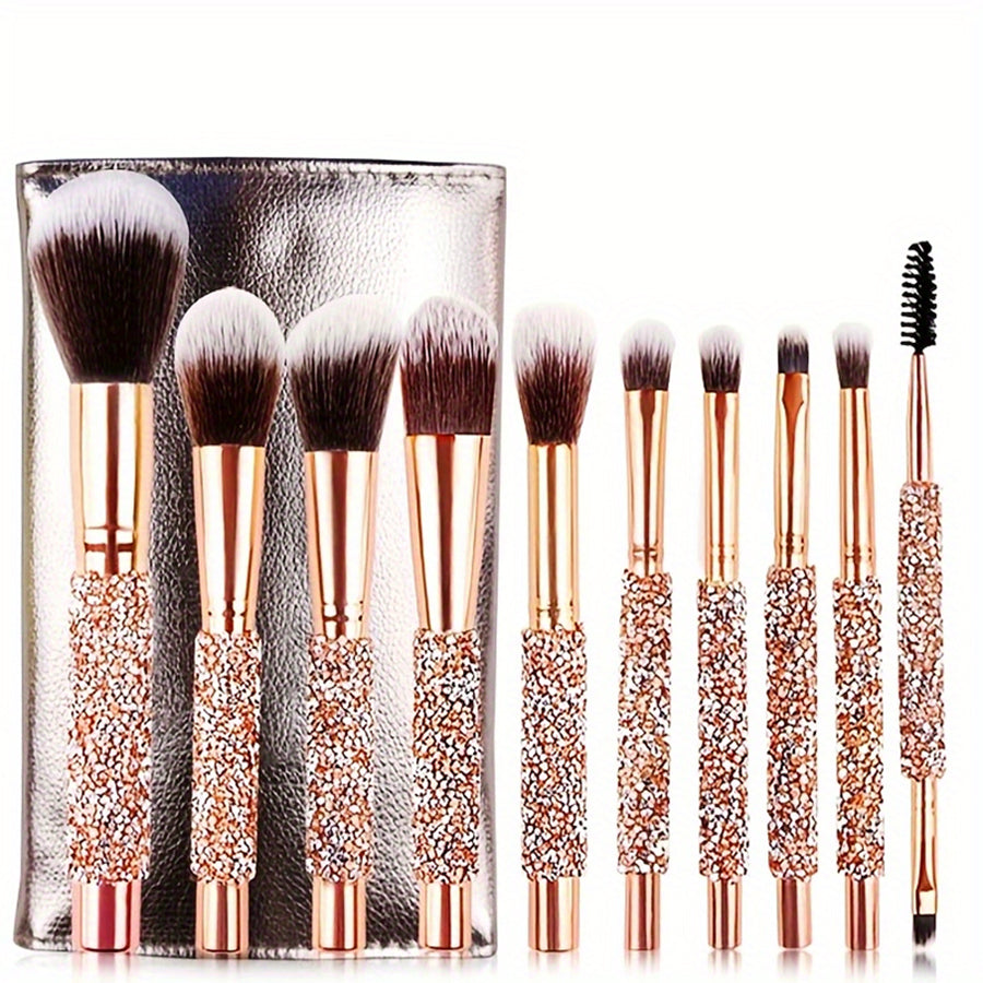 10-piece makeup brush set with rose gold crystal handles and pouch
