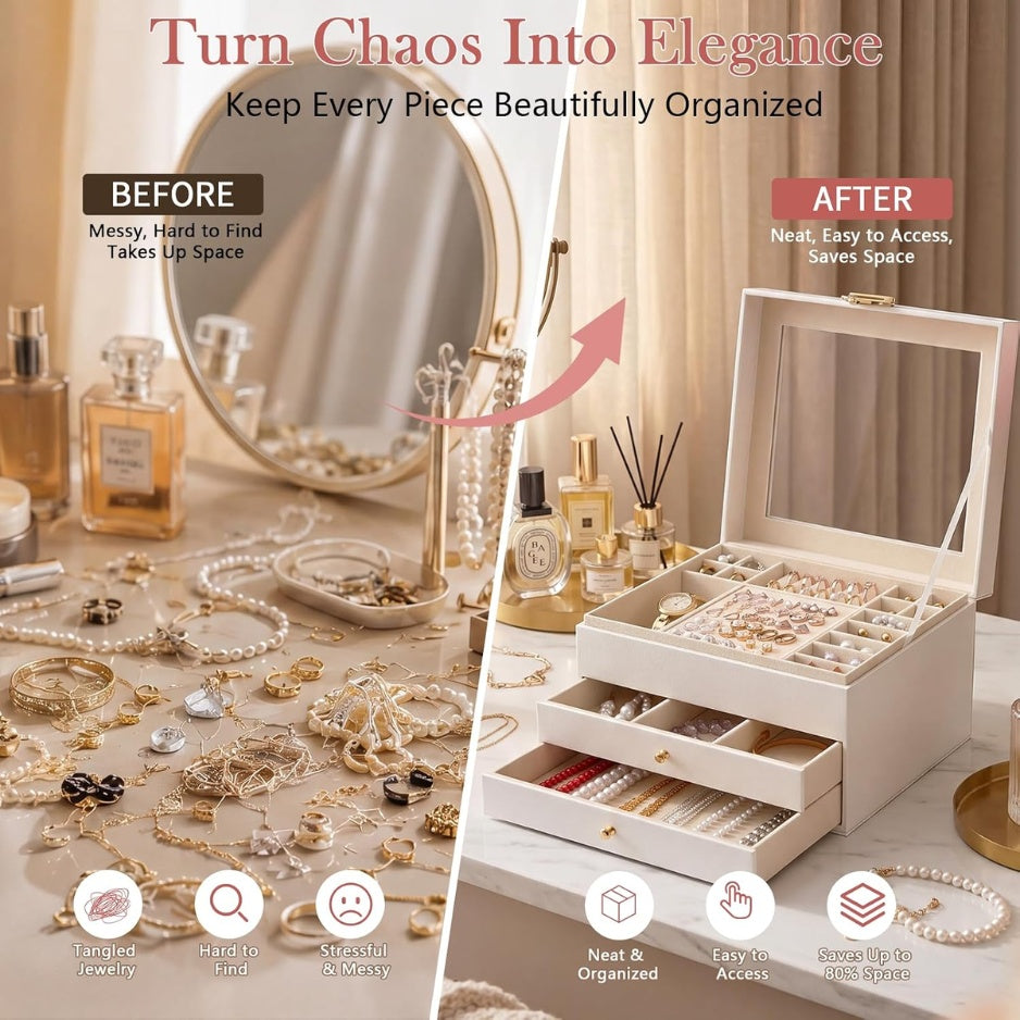 Jewelry before and after organizing in the 3-tier box