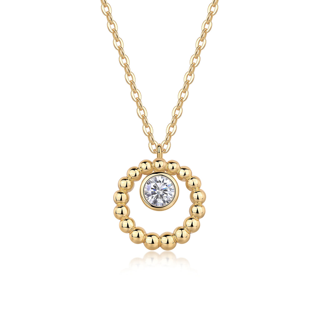 Gold beaded halo moissanite pendant necklace