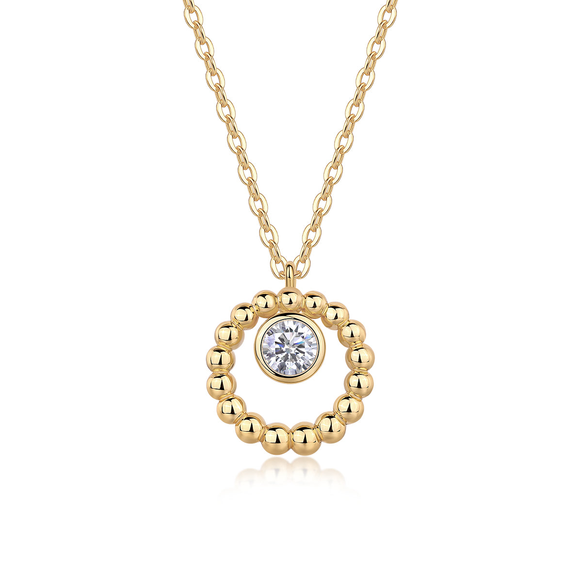 Gold beaded halo moissanite pendant necklace