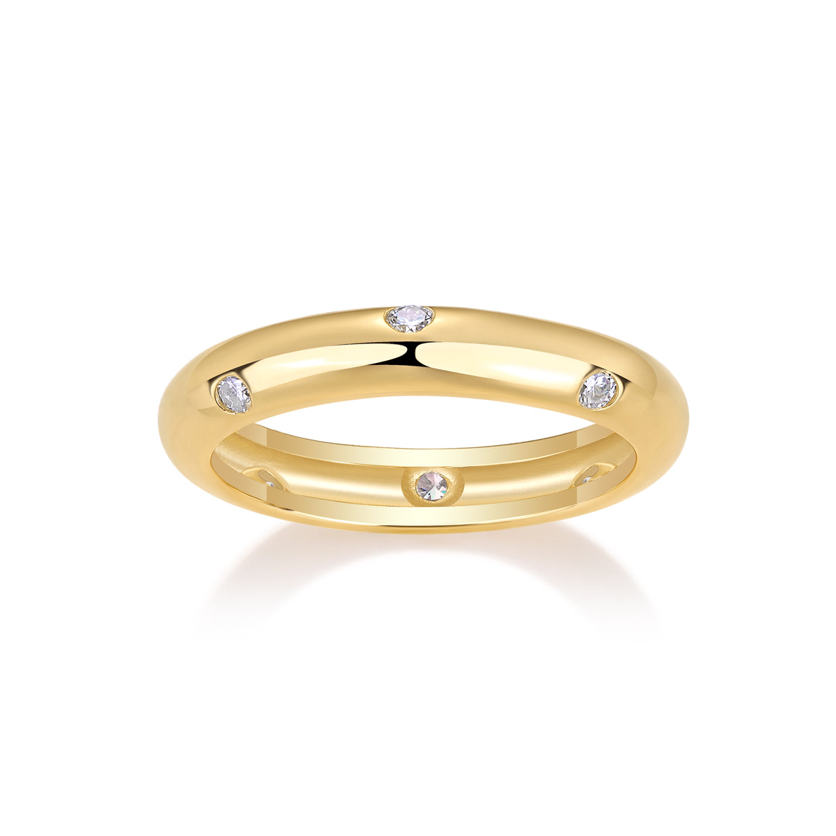 Starry moissanite dome band, gold, angled view