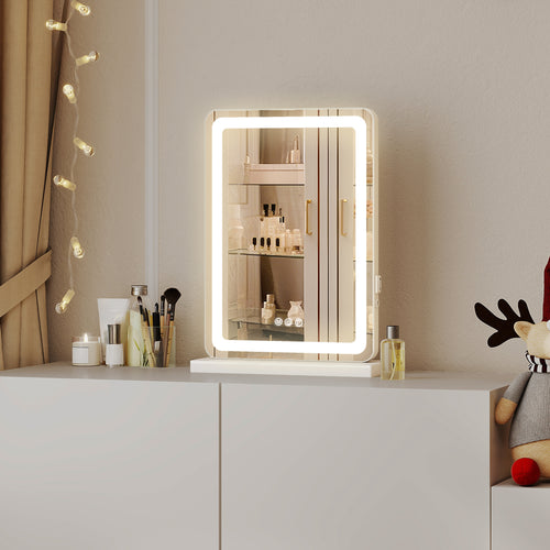 Lighted vanity mirror on a white dresser