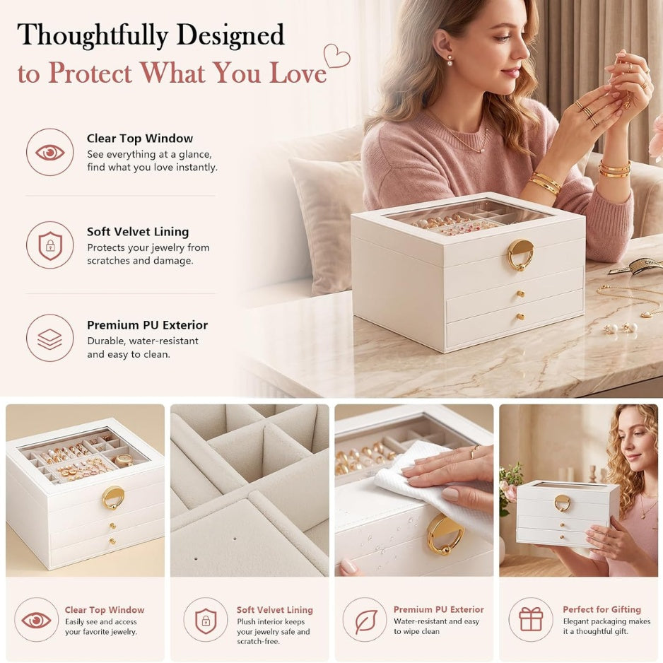 3-tier jewelry box features: glass window, soft lining and compartments