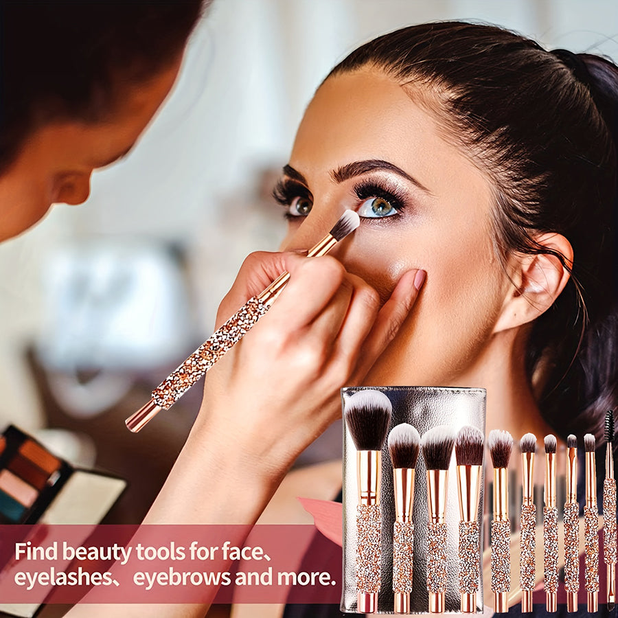Woman applying makeup with a crystal handle brush