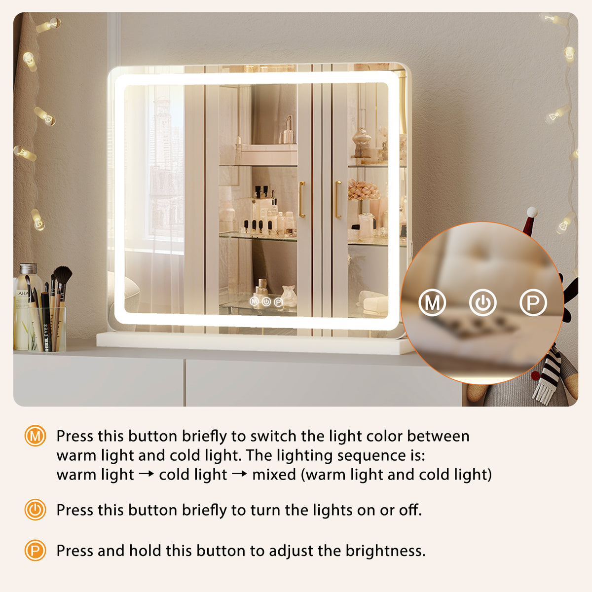 Lighted vanity mirror on a vanity table