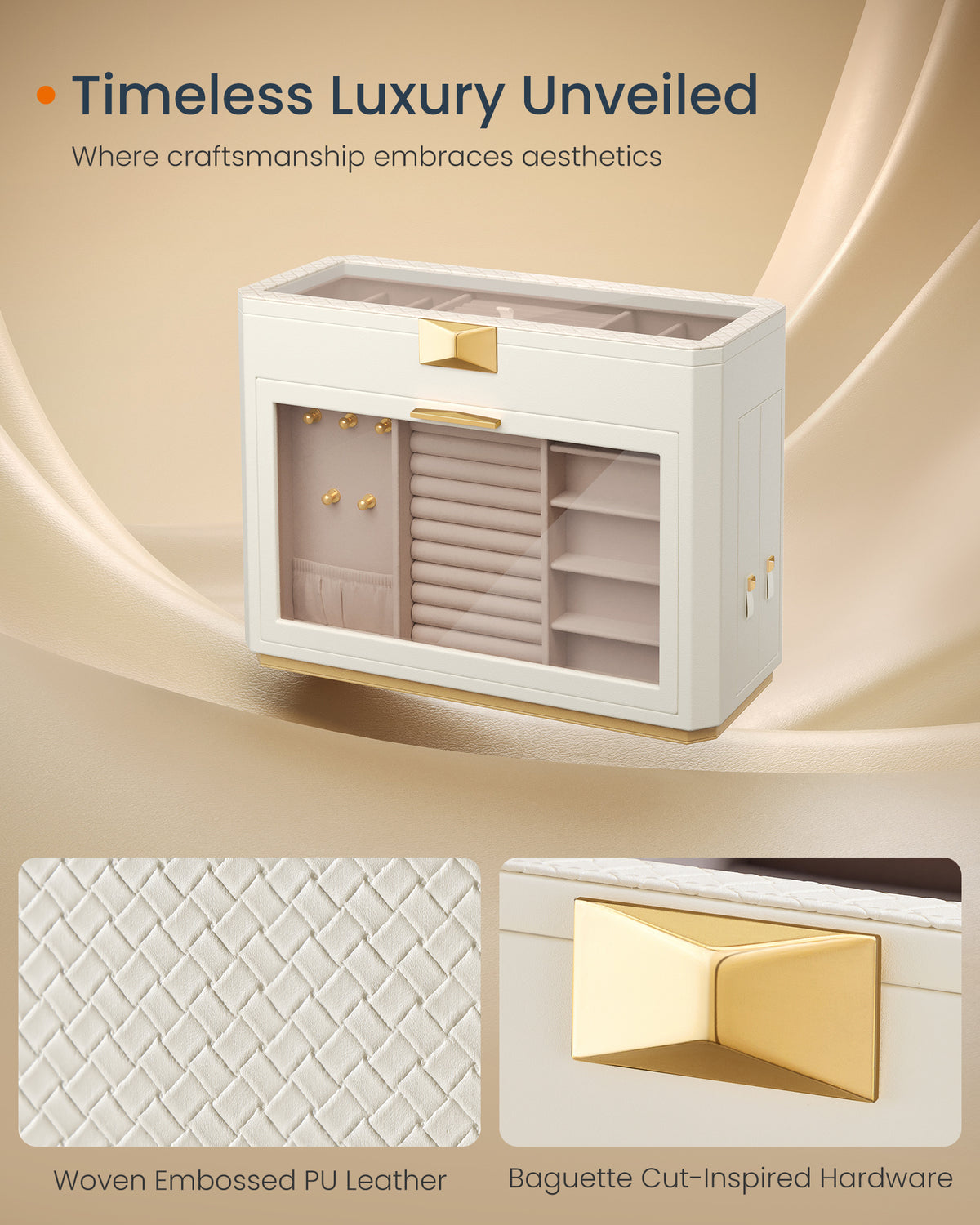 Woven embossed vegan leather finish and gold-tone hardware, detail