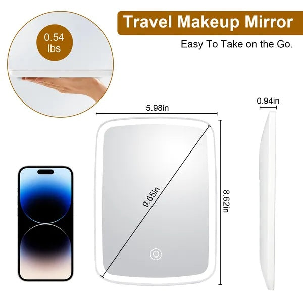 Compact LED makeup mirror dimensions, 5.98 x 8.62 in