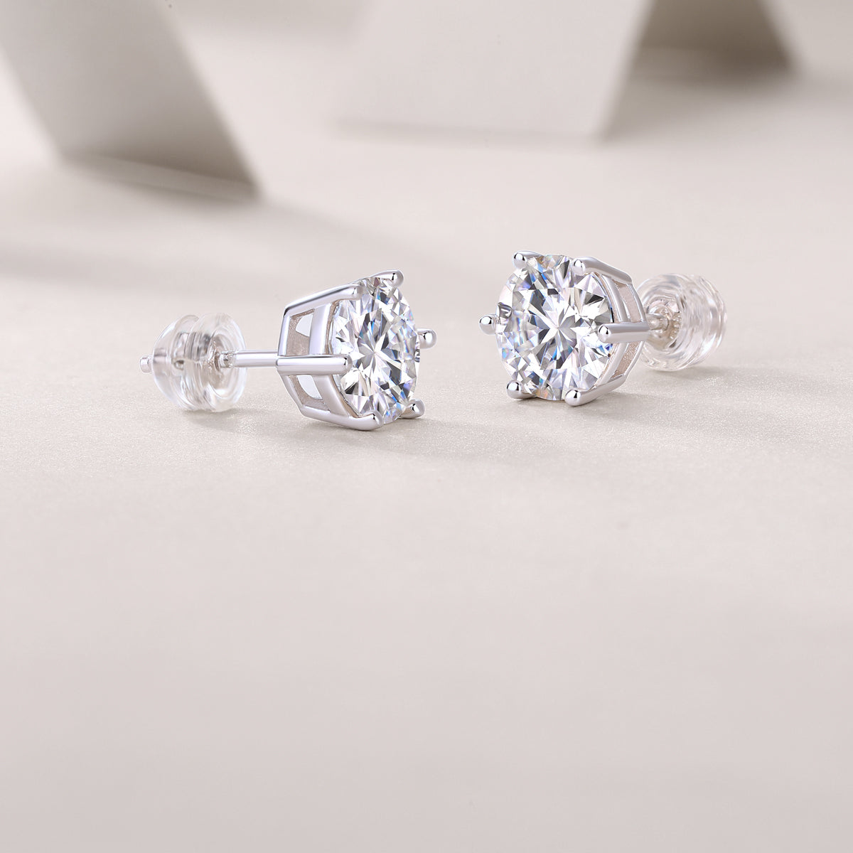 Six-prong moissanite stud earring, close-up of the setting
