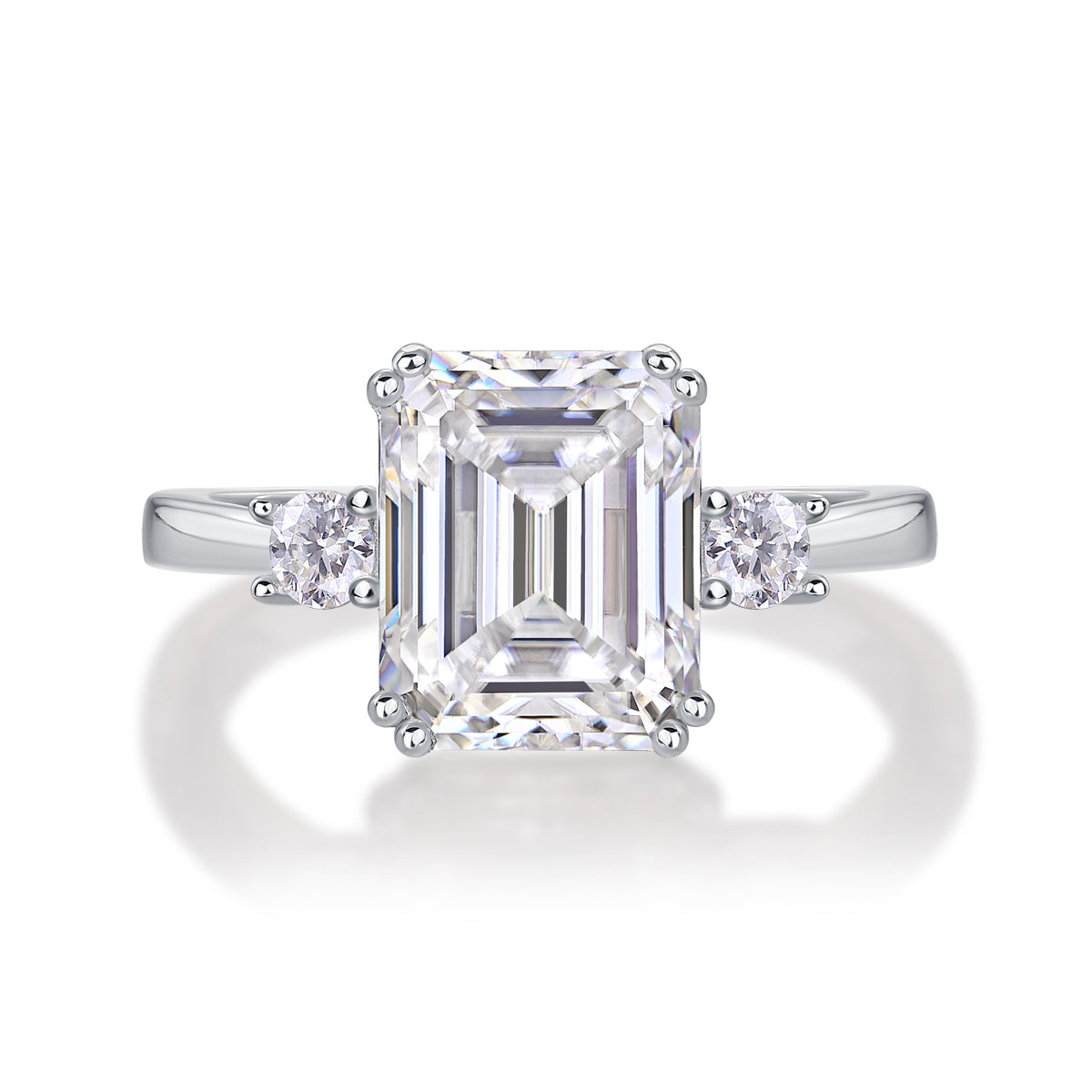 Emerald-cut moissanite three-stone ring, top view
