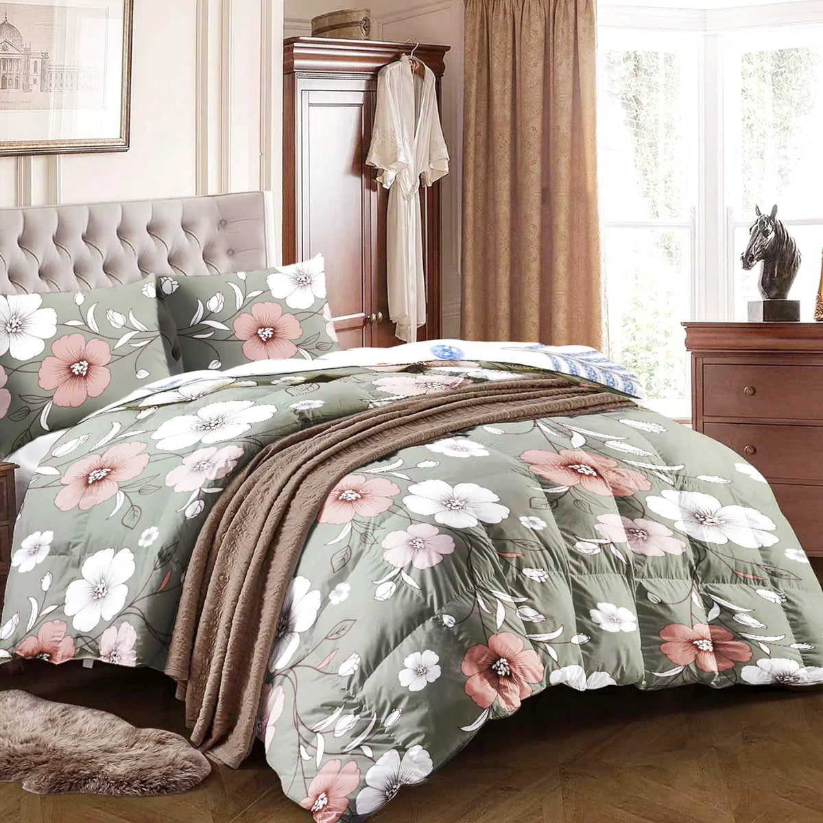 5-piece microfiber duvet cover set with shams on a made bed