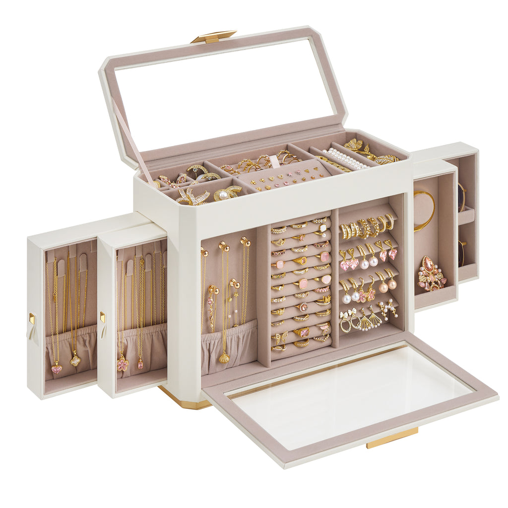 Cloud white vertical jewelry armoire with drawers and doors open, filled with jewelry