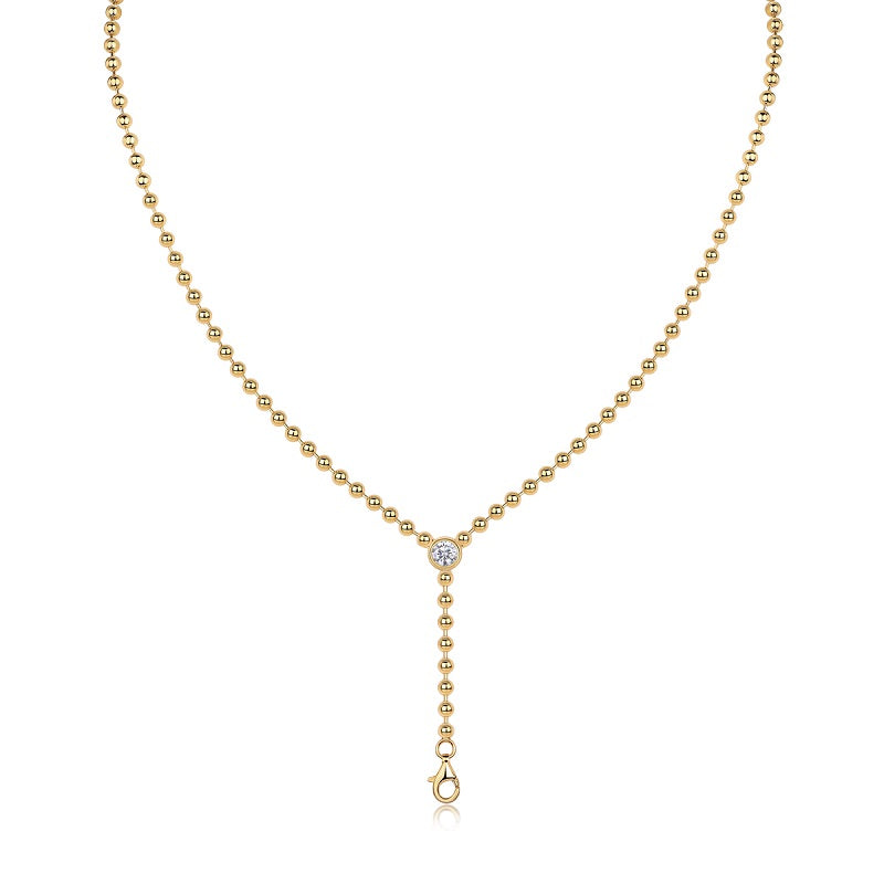 Gold moissanite lariat Y necklace on a white background