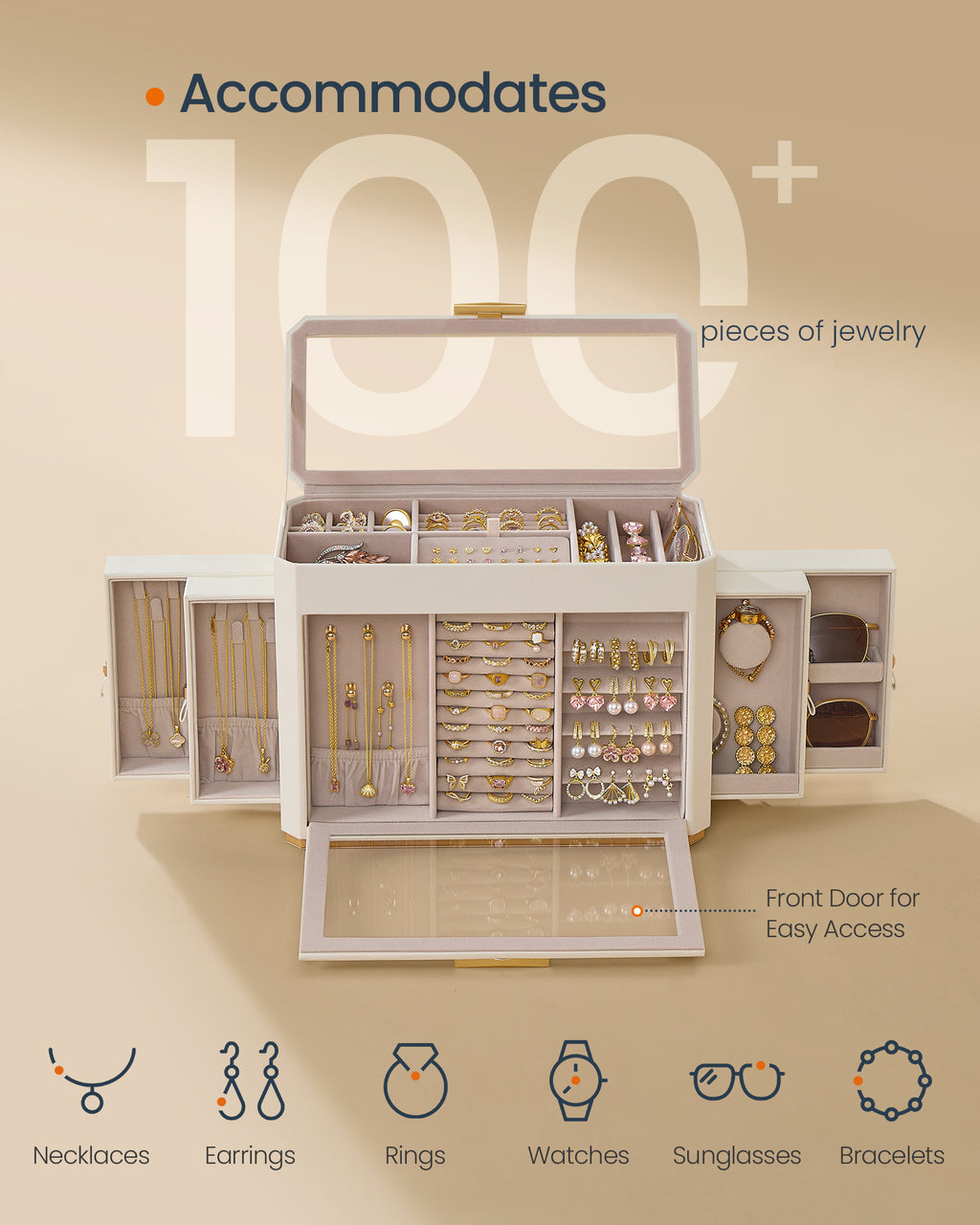 Jewelry armoire open, with storage for necklaces, earrings, rings, watches and sunglasses