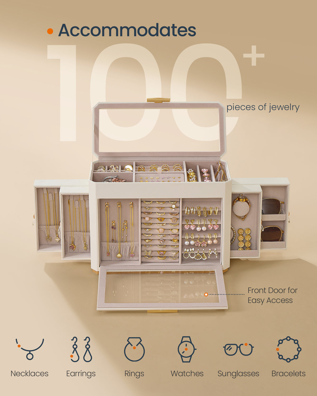 Jewelry armoire open, with storage for necklaces, earrings, rings, watches and sunglasses