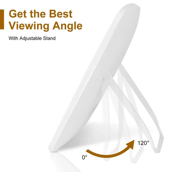 Compact LED makeup mirror on its adjustable stand