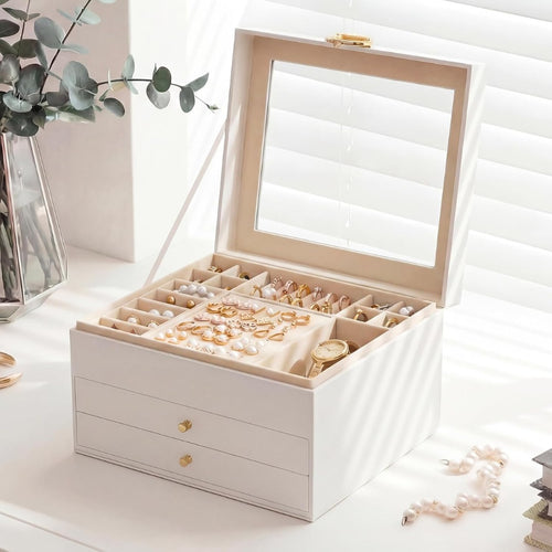3-tier jewelry box with the lid open, showing jewelry compartments