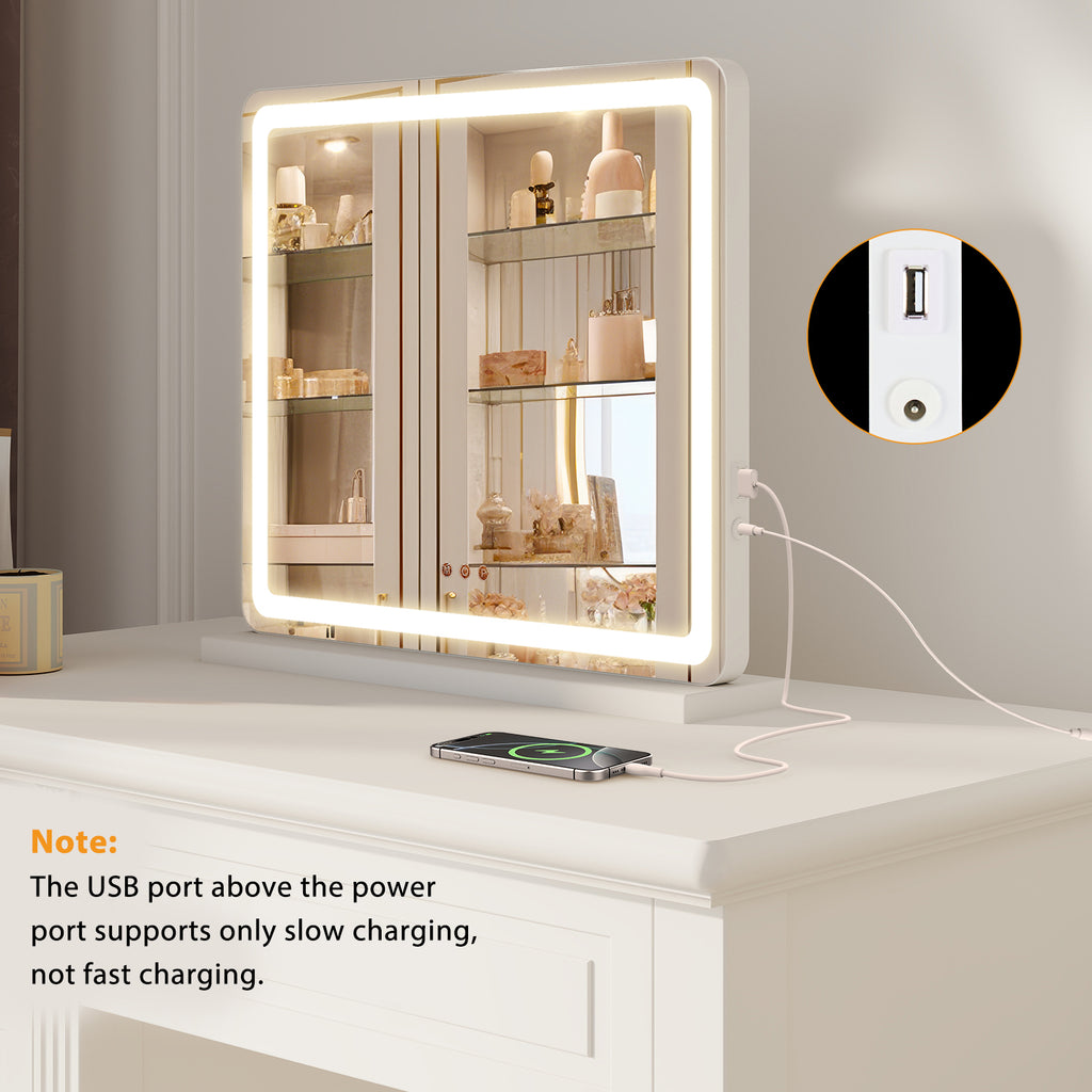Lighted vanity mirror on a white dresser, side view