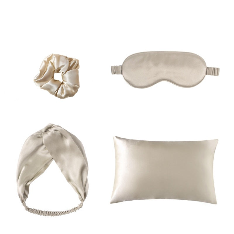 Champagne satin sleep set: scrunchie, eye mask, twist headband and pillowcase