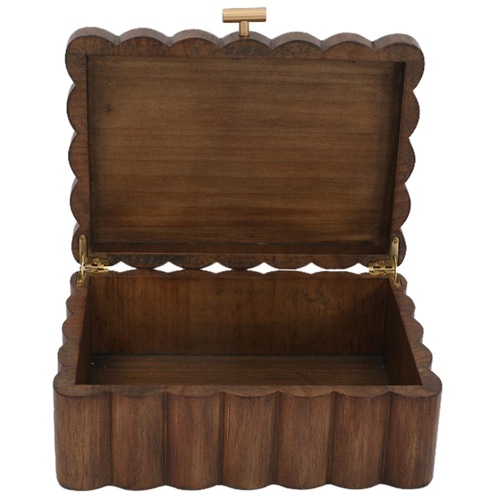 Scalloped wooden jewelry box with the lid open