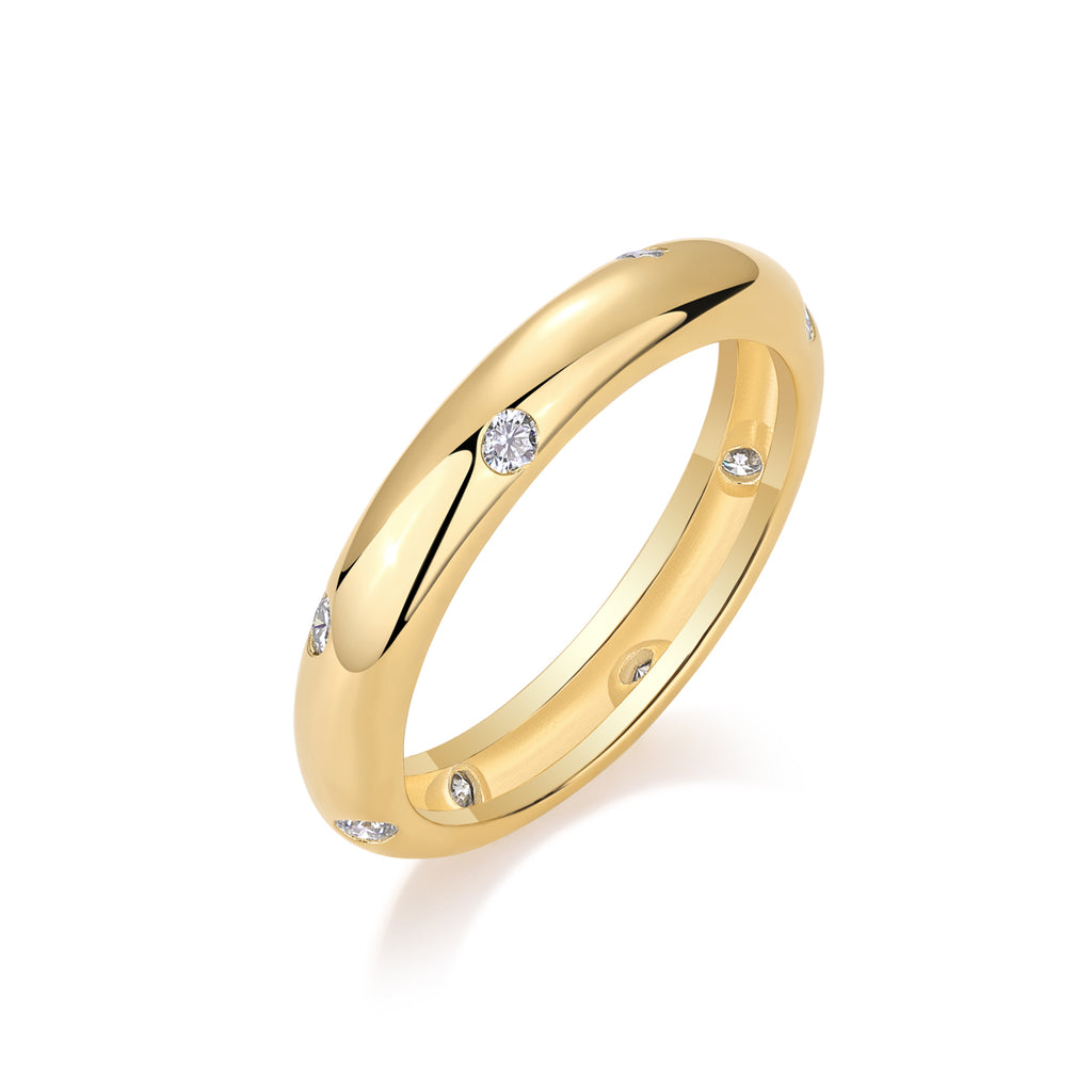 Starry moissanite dome band, gold, on a white background