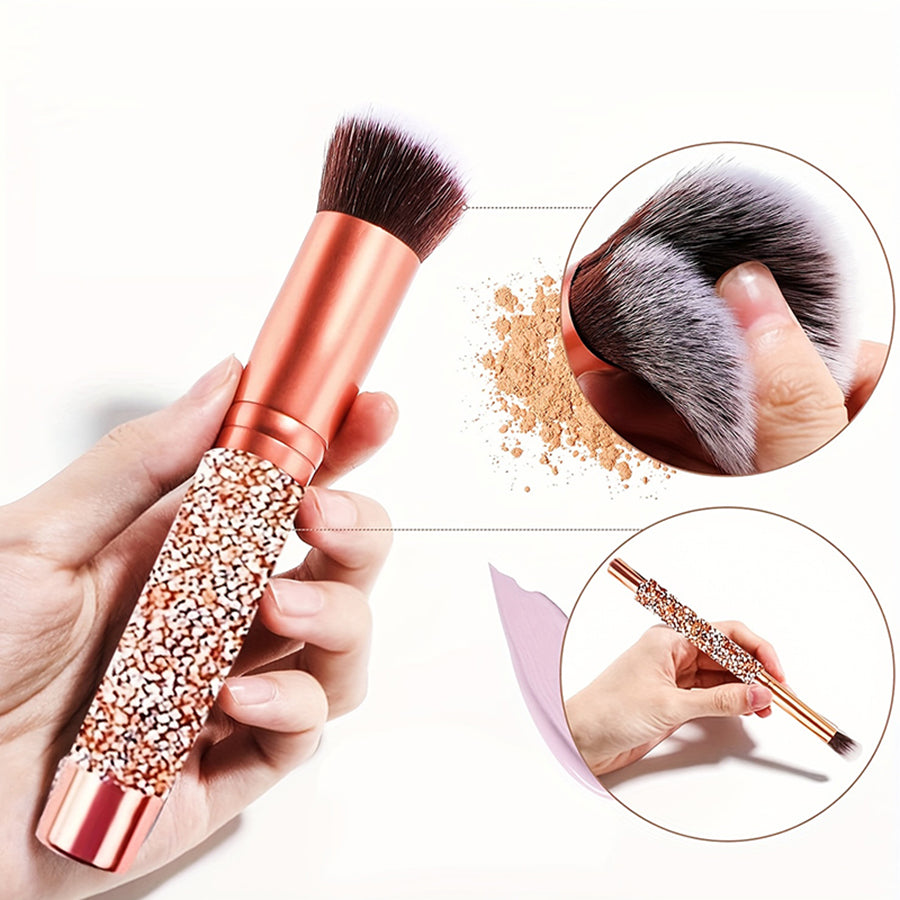 Crystal handle makeup brush and its soft bristles, close-up