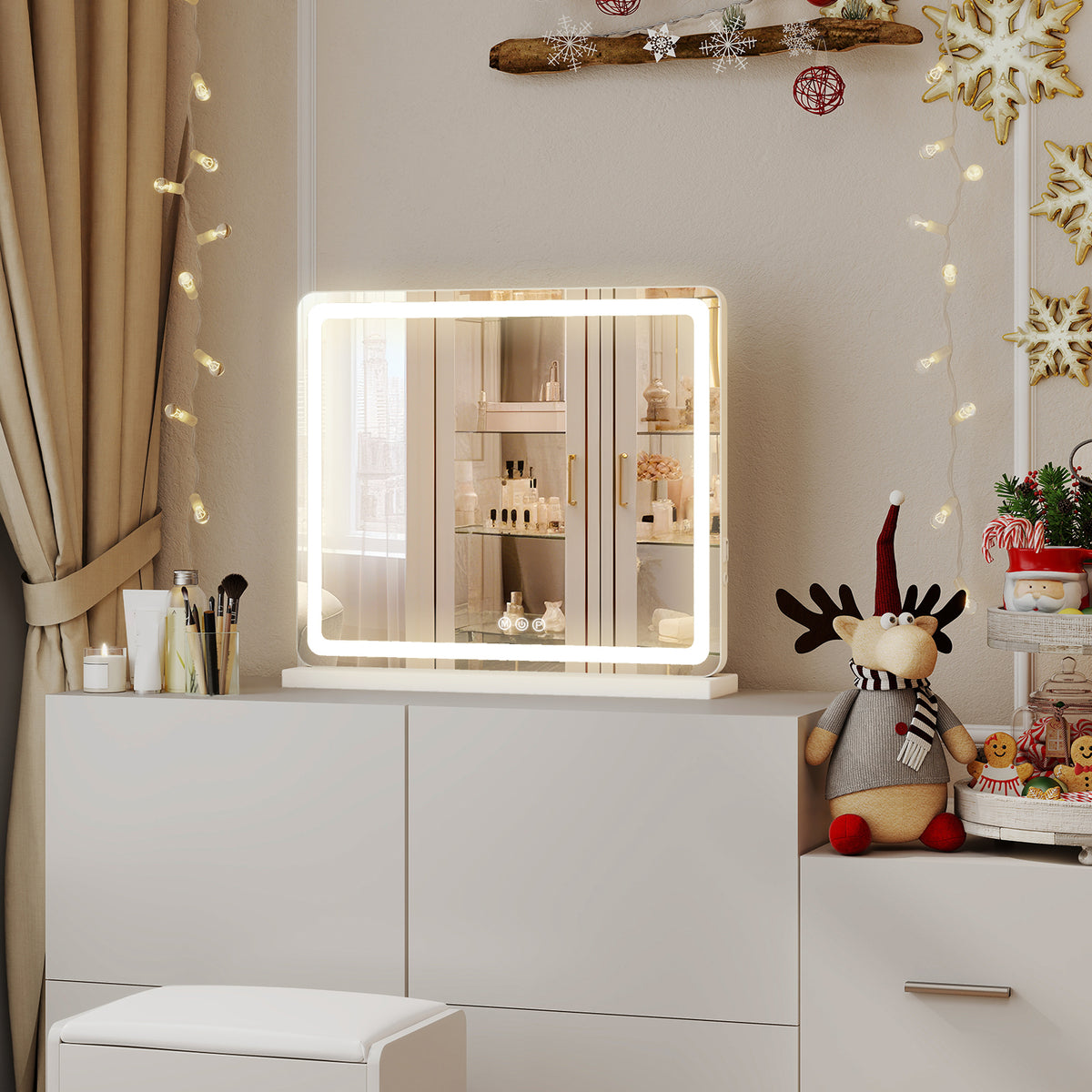 Lighted vanity mirror on a white desk